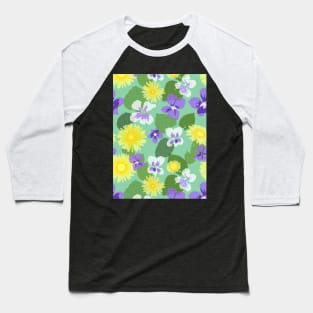 Cross-stitch Dandelions and Violets on Mint Green Vertical Baseball T-Shirt